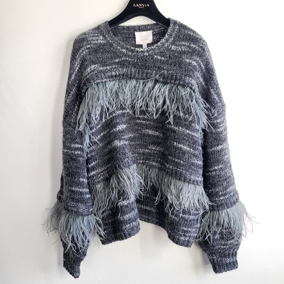 New CINQ À SEPT Melissa Ostrich Feather Crewneck Pullover Sweater NWT Large - Picture 7 of 11